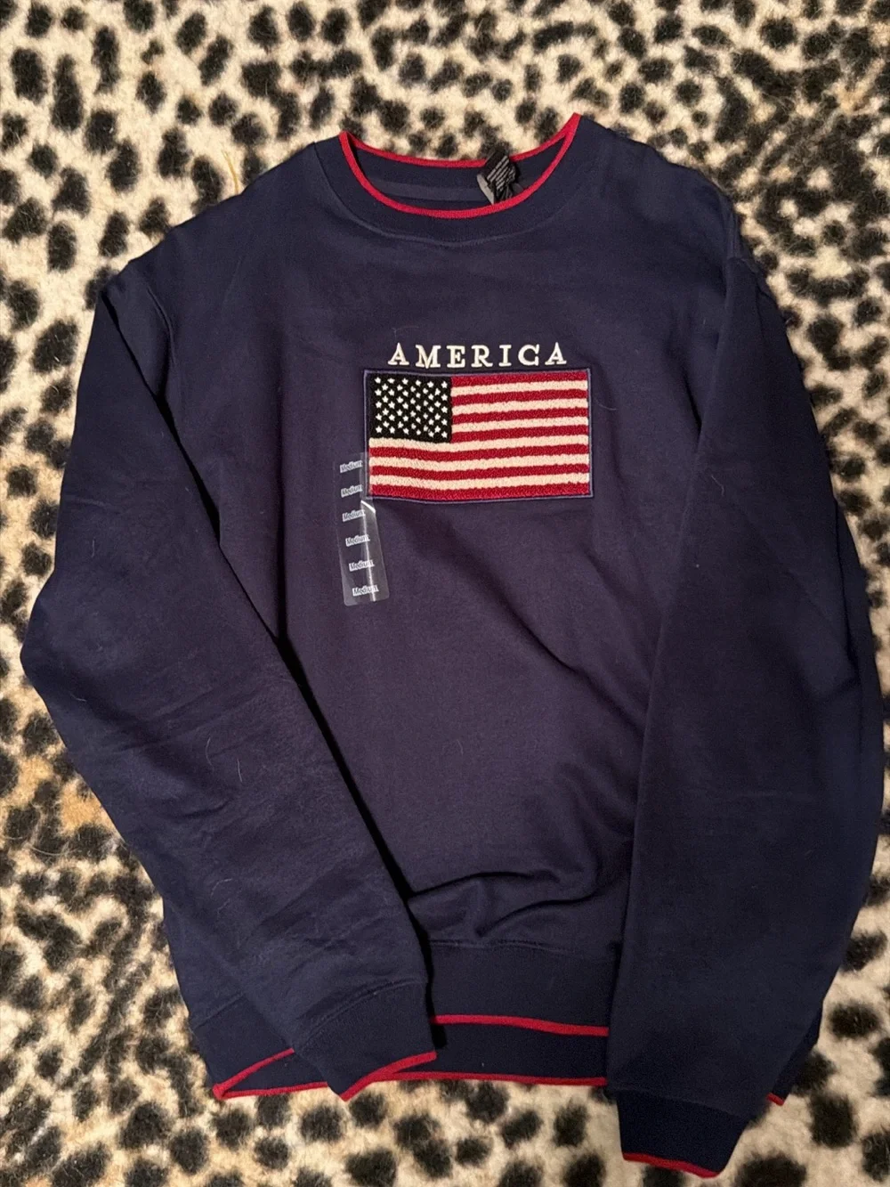 Navy 'America' Flag Crewneck Sweater - Red Trim